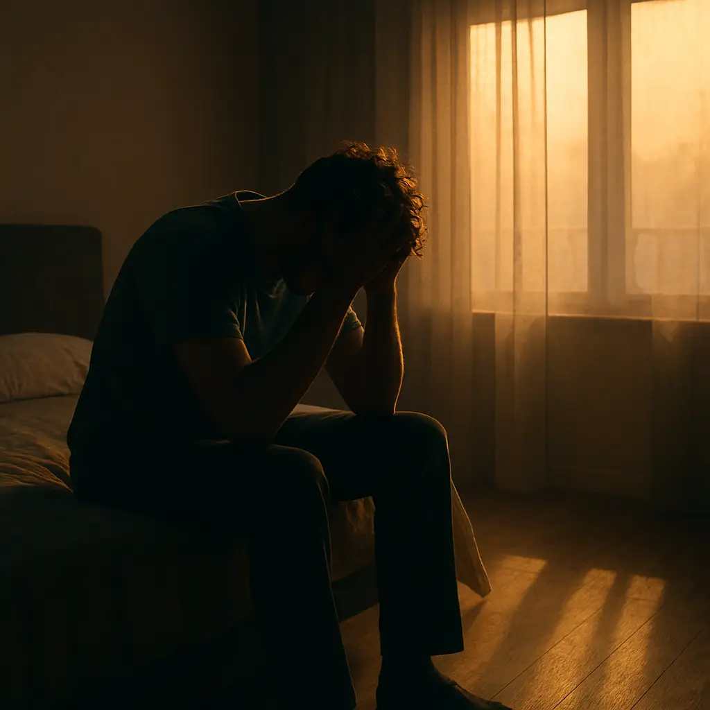 Person sitting in quiet reflection at sunrise, showing signs of emotional burnout and exhaustion.