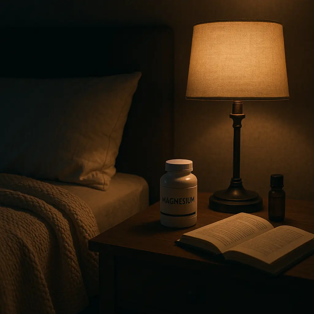 Serene sleep environment with magnesium and calming bedtime setup for recovery from burnout.