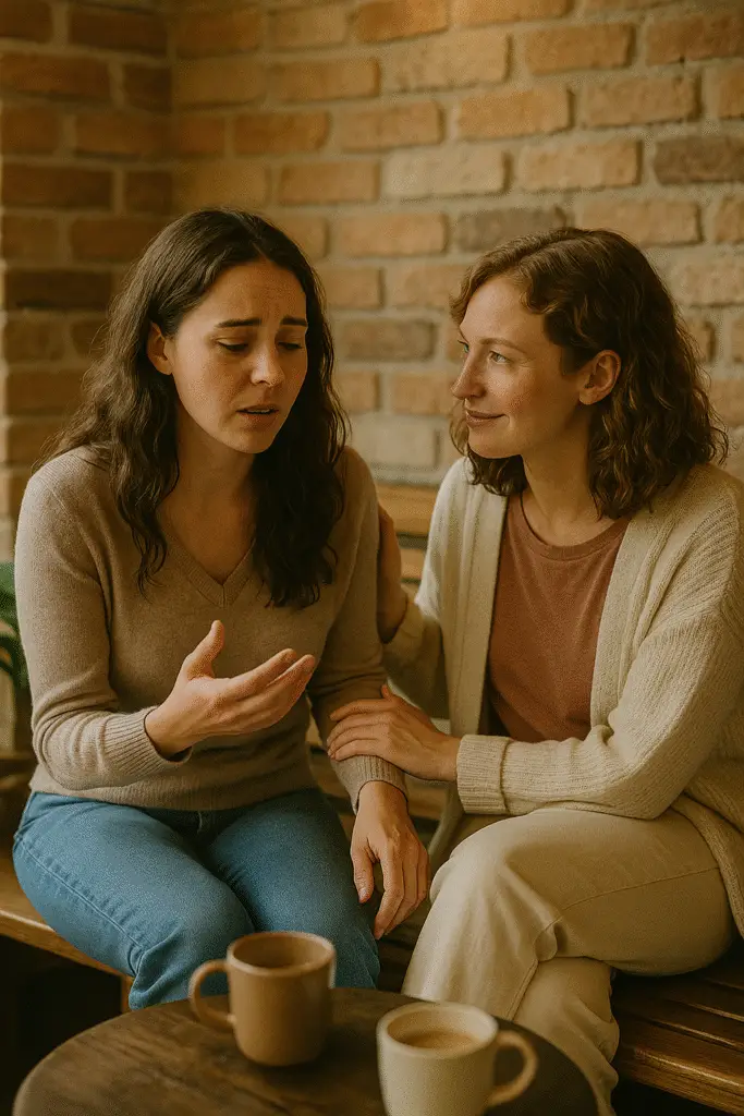 Supportive conversation with a friend — emotional healing through connection during burnout.