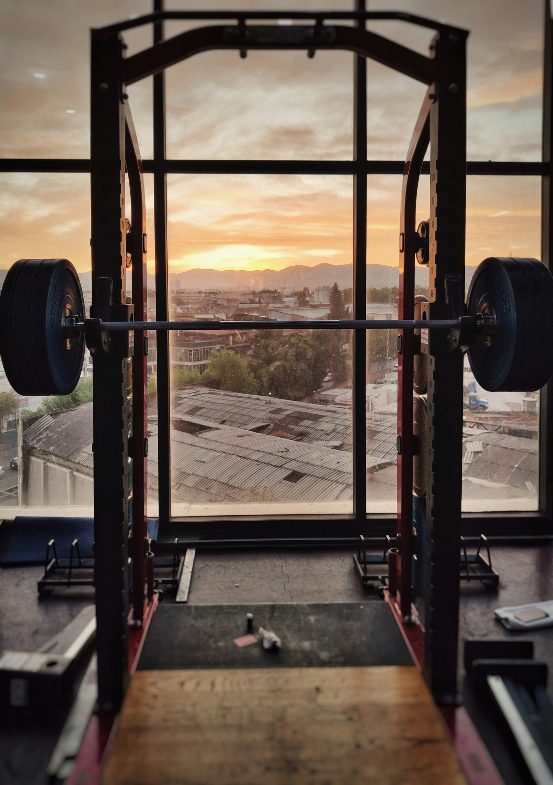 A modern gym setting at sunrise